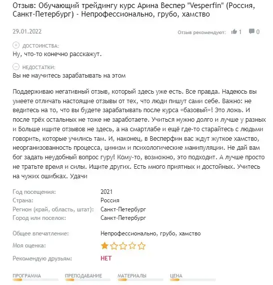 Реальные отзывы об Арине Веспер