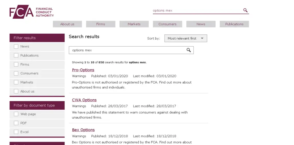 options mex fca